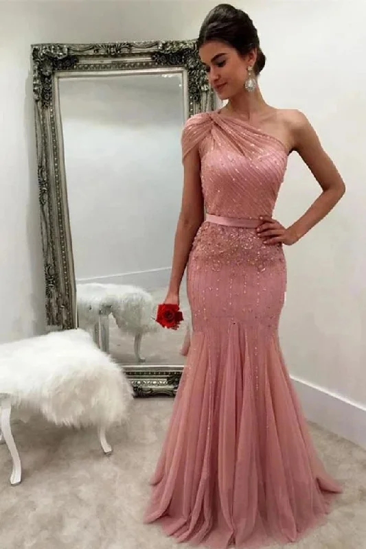 One Shoulder Pink Tulle Beaded Mermaid Prom Dress Formal Evening Gowns JKQ130 Tulle Dress Ruffles