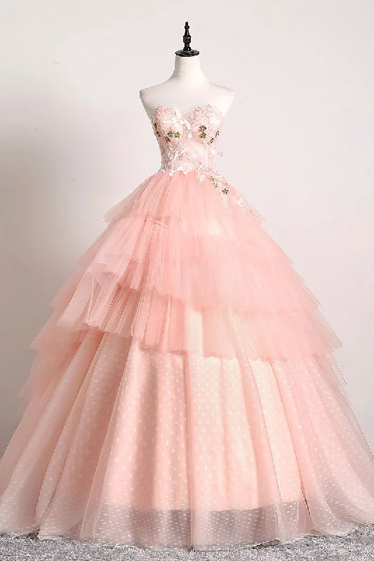 Pink Sweetheart Lace Tulle Long Prom Gown Pink Tulle Formal Dress LBQX1119 Ruffled Tulle Gown