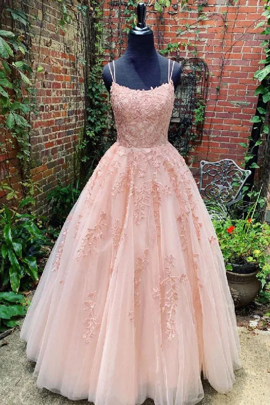 Pink Tulle Lace Long Prom Dress Scoop Spaghetti Formal Evening Gowns JKP407 Soft Layered Tulle