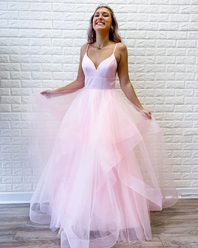 Pink Tulle Ruffles Spaghetti Straps Simple Long Prom Dress JKZ9408 Stylish Tulle Dress