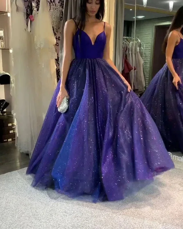 Purple Tulle A-Line V-neck Spaghetti Straps Sparkle Prom Dress JKS8825 Floor-length Tulle Dress