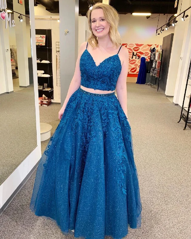 Royal Blue Sparkle Tulle Appliques Two Piece Prom Dress JKZ942 Tulle Skirt Dress