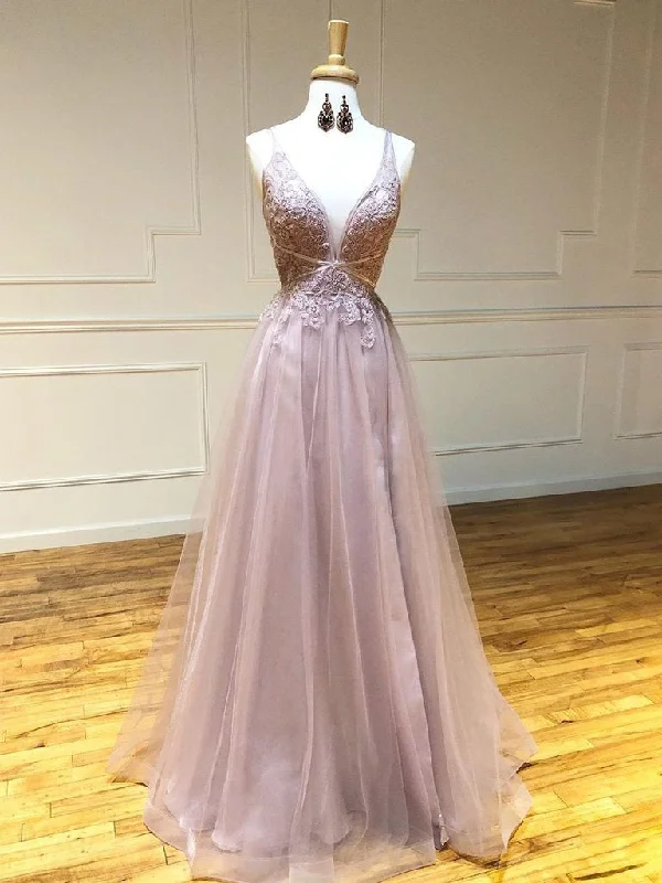 Sexy Deep V-neck Appliques A-Line Tulle Long Prom Dress JKZ8610 Pink Tulle Dress