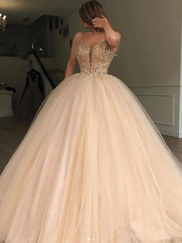 Spaghetti Straps Beaded Ball Gown Tulle Cheap Long Evening Prom Dresses, Custom Sweet16 Dresses, 18412 Formal Tulle Dress