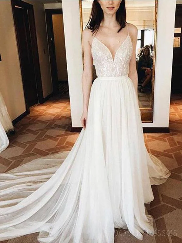 Spaghetti Straps V Neck Ivory Soft Tulle Cheap Long Evening Prom Dresses, Cheap Sweet 16 Dresses, 18367 Fluffy Tulle Dress