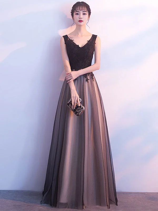 Stunning Black Evening Dresses Long V Neck Lace Tulle Sleeveless A Lien Floor Length Formal Evening Dress