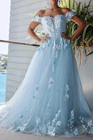 Tulle Ball Gown Dresses Off the Shoulder Lace Embroidery Long Prom Dress GJS350 Tulle Dress Glow