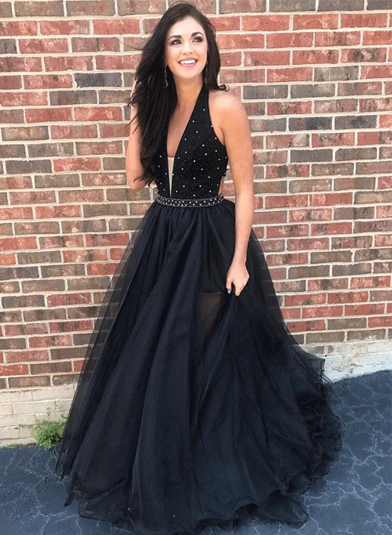 V Neck A line Black Rhinestone  Tulle Cheap Evening Prom Dresses, Sweet 16 Dresses, 18300 Tulle Dress Vibe