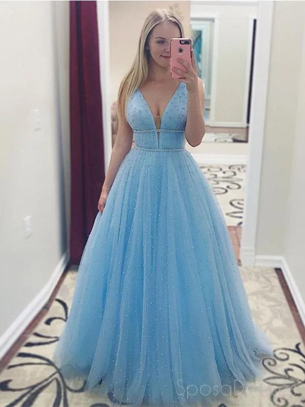 V Neck Beaded A-line Tulle Cheap Long Evening Prom Dresses, Custom Sweet16 Dresses, 18408 Short Tulle Dress