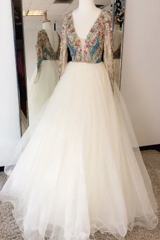 White Tulle V-Neck Beaded Long Sleeve Long Prom Dress JKT321 Tulle Dress Modern