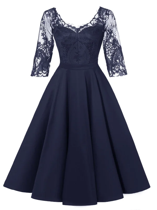 1950s Lace Half Sleeve Swing Dress Elegant Lace Gown