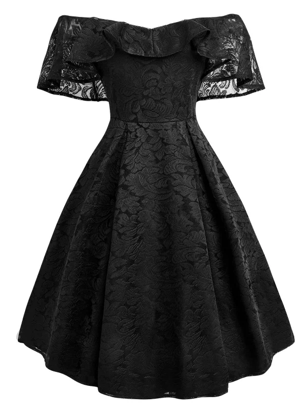 1950s Lace Off Shoulder Ruffle Dress Lace Dress Glam