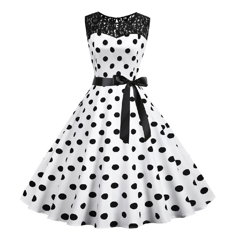 1950s Lace Polka Dot Belted Dress Tiered Lace Dress