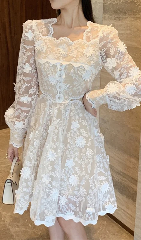 3D FLOWER HOLLOW LANTERN SLEEVE LACE DRESS Lace Wedding Gown