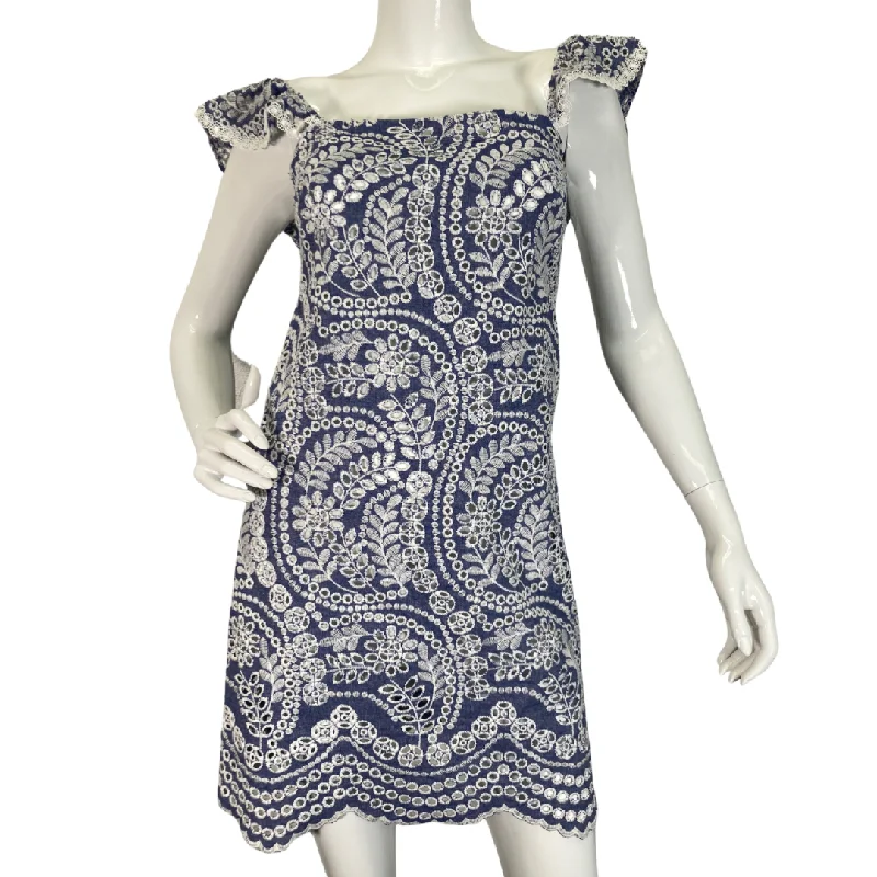 Alice + Olivia Blue Dress with Embroidered White Lace Design Lace Dress Design