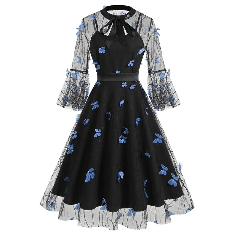 Blue 1950s Lace Butterfly Dress Off-shoulder Lace Dress