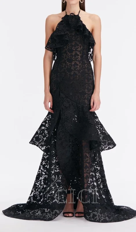 LYNN GARDENIA GUIPURE LACE RUFFLE GOWN IN BLACK Layered Lace Dress