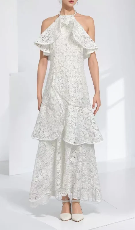 LYNN GARDENIA GUIPURE LACE RUFFLE GOWN IN WHITE Lace Dress Deep V