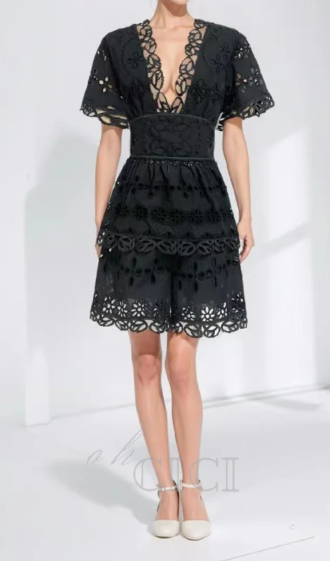 MAGGIE BLACK LAYERED CUT OUT LACE TOP SHORTS SUIT Lace Dress Lace