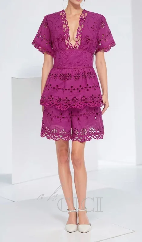 MAGGIE PURPLE LAYERED CUT OUT LACE TOP SHORTS SUIT Lace Dress Perfect