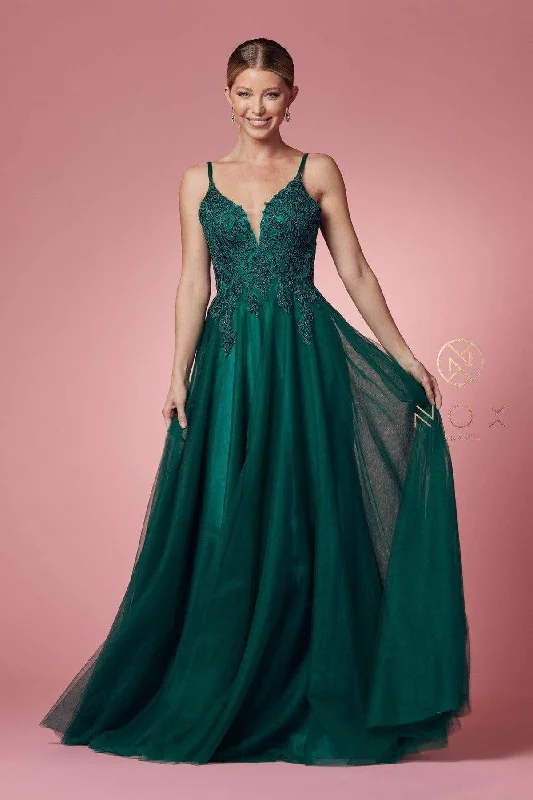 Nox Anabel - R357 Laced V-Neck A-Line Prom Gown