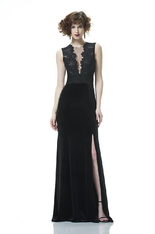 Theia - 883004SC Corded Lace Illusion V-Neck Sheath Gown Lace Dress Layers