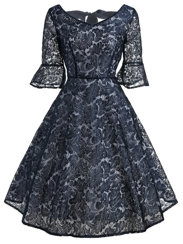 Dark Blue 1950s Back Lace Up Dress Lace Evening Gown