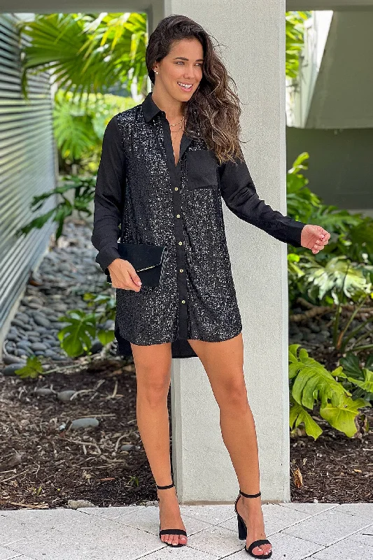 Black Button Down Sequin Shirt Dress Sexy Sequin Dress