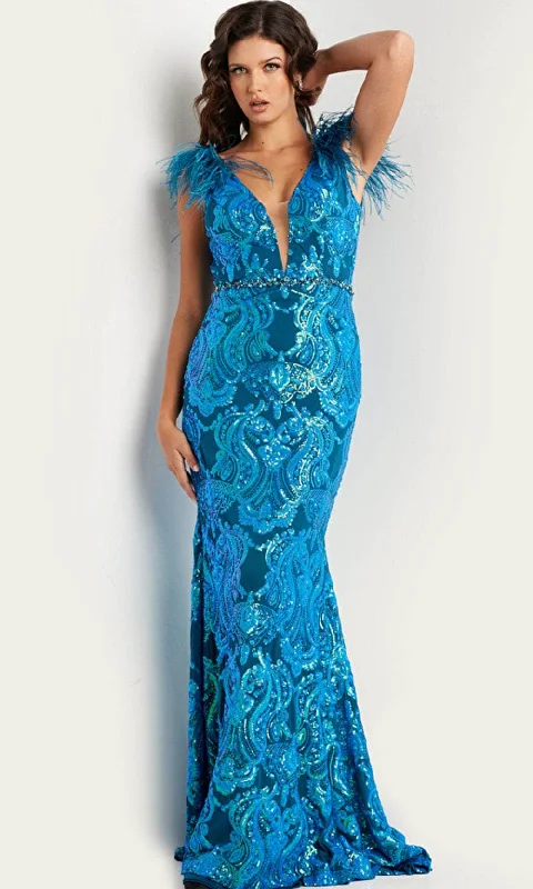 Jovani 38758 - Sequin Feathered Long Gown Sexy Sequin Gown