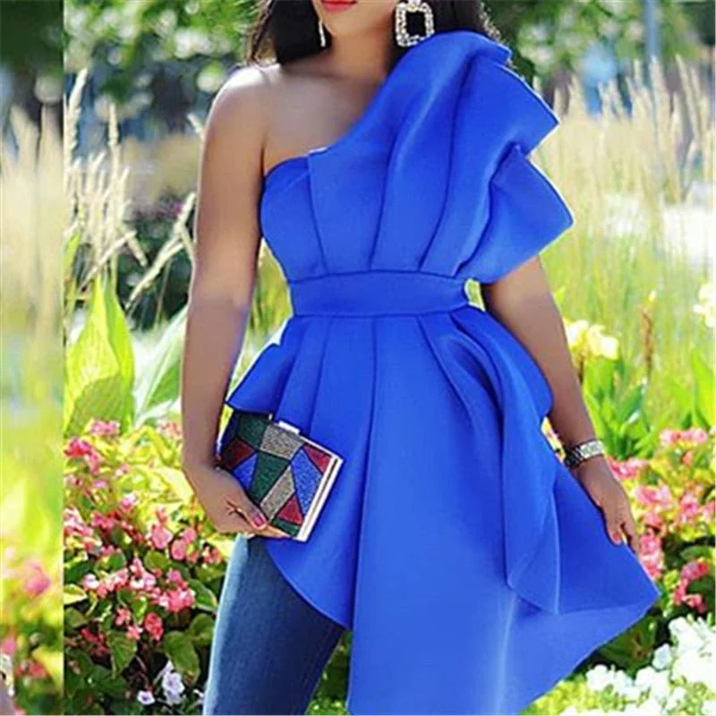 2023 Spring Summer Ruffles Blouse Women Ladies Casual One Shoulder Blue Shirt Sleeveless Backless African Tops Blusas Female Formal Shirt Gown