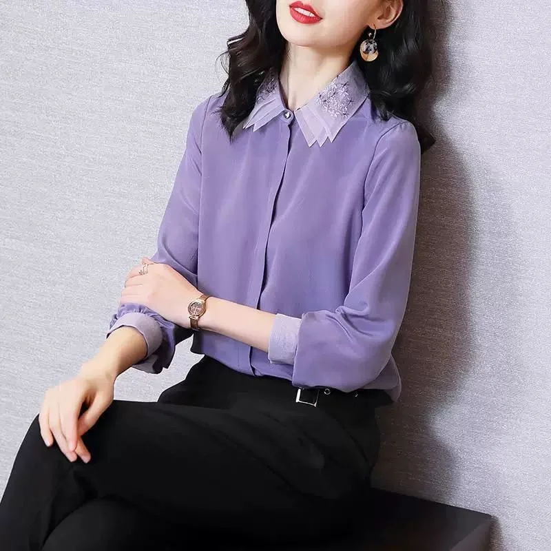 2023 Spring Summer Women Chiffon Turn-down Collar Blouses Lady Shirts Female Casual Purple Chiffon Blusas Tops Dress Shirt Chic