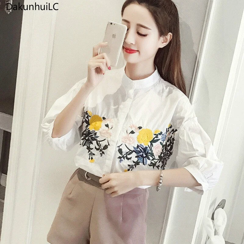 2023 Summer Casual Tops Embroidery Female Blouse Flower Pattern Stand Collar Lantern Sleeve Cotton Women Shirts Modern Shirt Dress