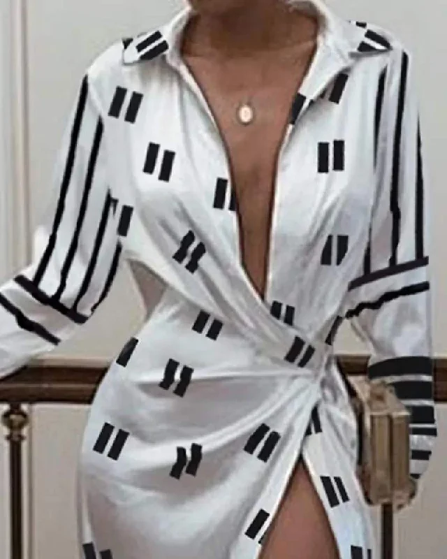 ALLOVER PRINT TWISTED DESIGN SLIT SHIRT DRESS Shirt Dress Trend