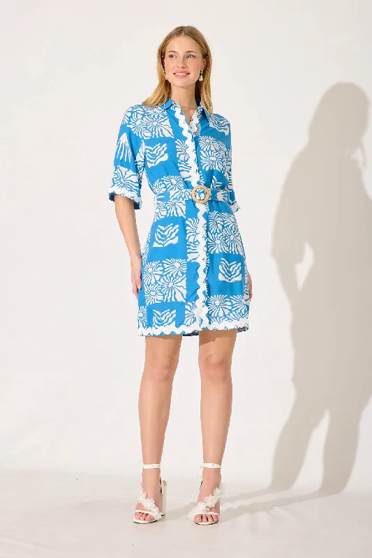 Arrowvale Shirt Dress In Blue Flower With White Ric Rac Trim Casual Button Shirt