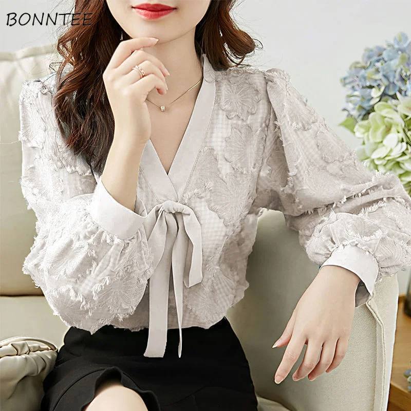 Blouses Women V-neck Bow  Lantern Sleeve Elegant Office Lady Korean Style Loose Casual Trendy Chic Shirts Female Tops Soft Cotton Shirt