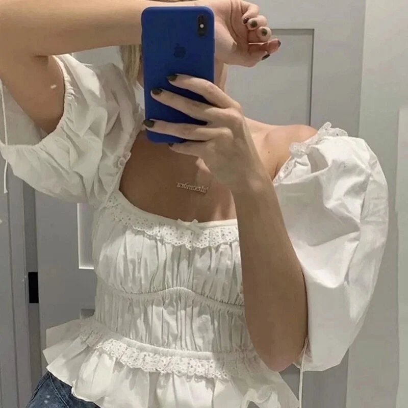 Casual White Lace Up Blouse Shirts Women Summer Backless Ruffle Crop Tops Puff Sleeve Vintage Blusa Mujer Chic Tops 2023 Sexy Shirt Gown