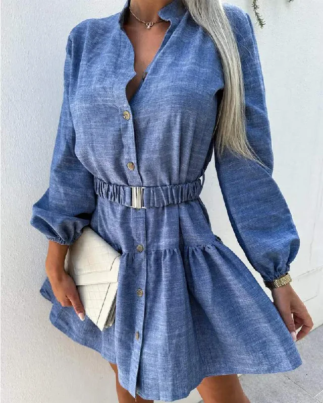 DENIM LOOK PRINT RUFFLE HEM SHIRT DRESS Belted Shirt Dress