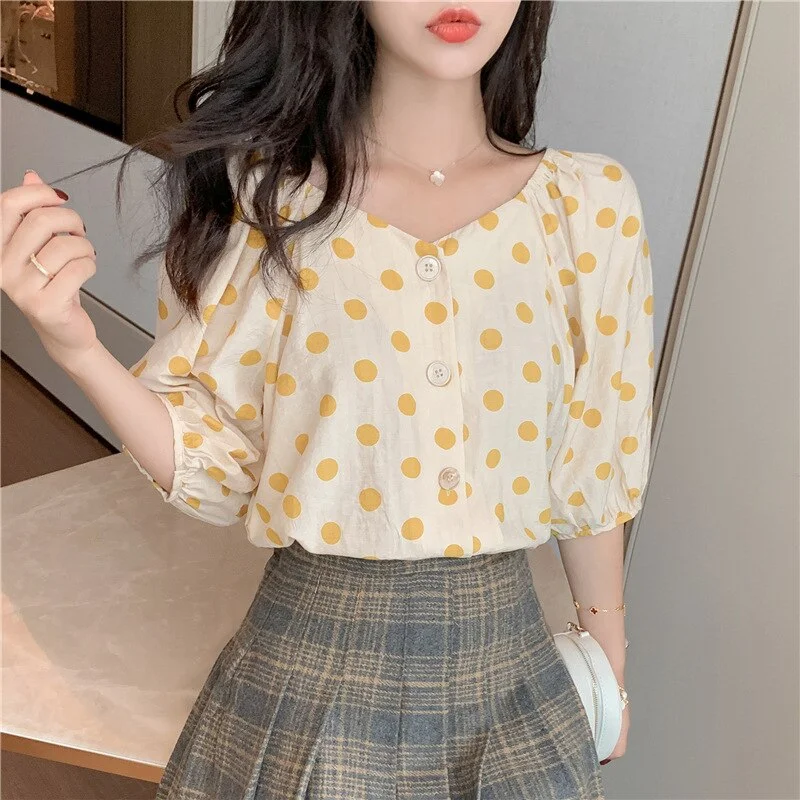 Dot Print Womens Tops And Blouses Summer Yellow Green Blusas Casual Loose Shirt Bohemia 2023 Chemisier Femme Button Blouse Mujer Striped Shirt Dress