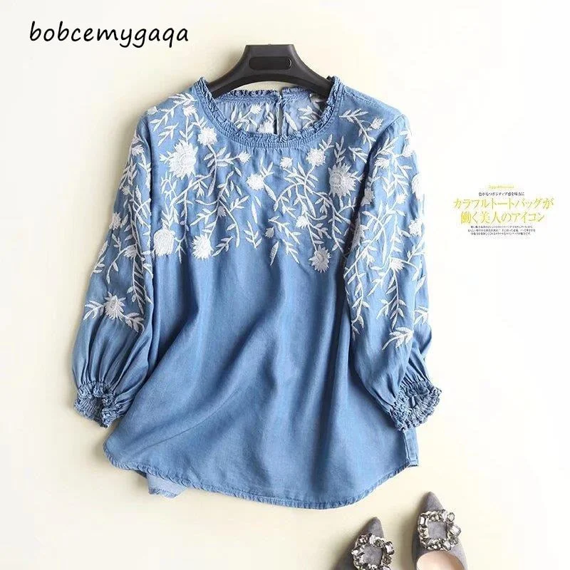 Embroidery Denim Blouse Women Light Blue Soft Jeans Blouses Hem O Neck Three Quarter Sleeve Ruffles Casual Shirt Sweet Top A-line Shirt Dress