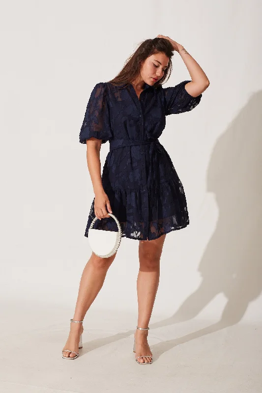 Fione Shirt Dress In Navy Burnout Chiffon Satin Shirt Dress