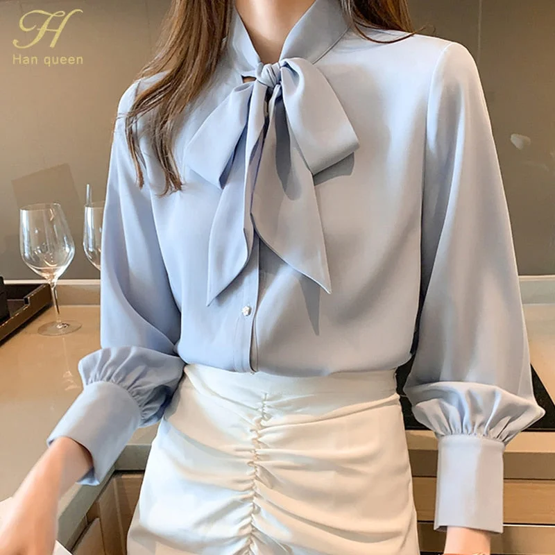 H Han Queen  Shirt Womens Blouse Vintage Work Casual Tops Chiffon Blouse Bow Elegant Loose Women Business Shirts 2023 Shirt Dress Chic