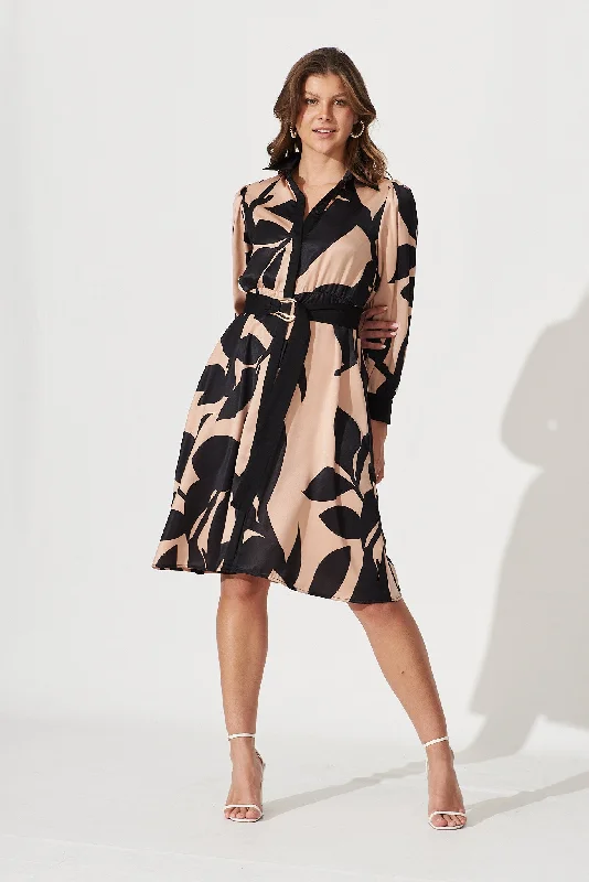 Kristella Shirt Dress In Brown With Black Print Satin Classic Shirt Dress