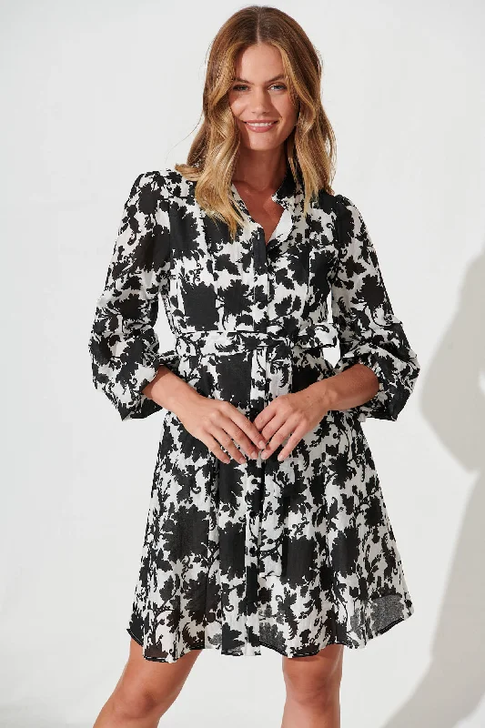 Mallorie Shirt Dress In Black And White Cotton Blend Feminine Shirt Dress