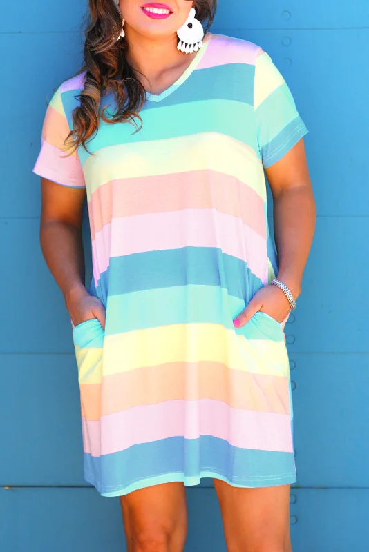 Multicolor Colorblock Pocketed V Neck T-shirt Dress Denim Shirt Dress