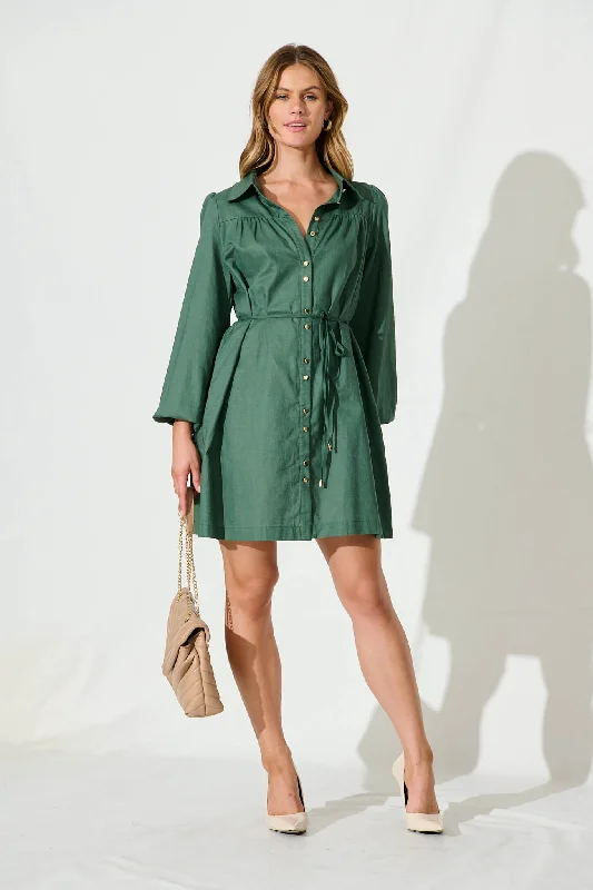 Oatley Shirt Dress In Green Cotton Linen Formal Shirt Dress