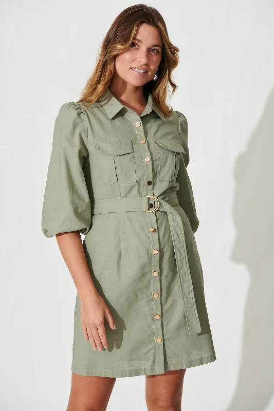 Reece Shirt Dress In Khaki Cotton Linen Elegant Button Shirt