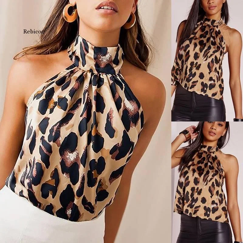 Sexy Off Shoulder Leopard Blouse Chiffon Women Tops Summer Animal Print Casual Backless Sleeveless Shirts Fashionable Shirt Dress