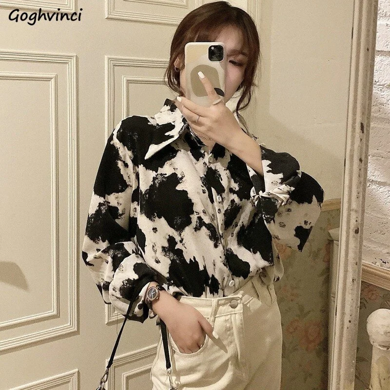 Shirts Women Milk Cow Pattern Turn-down Collar Shirt Womens Elegant Retro Loose Casual All-match Tops Chic Breathable Comfy Shirt Dress