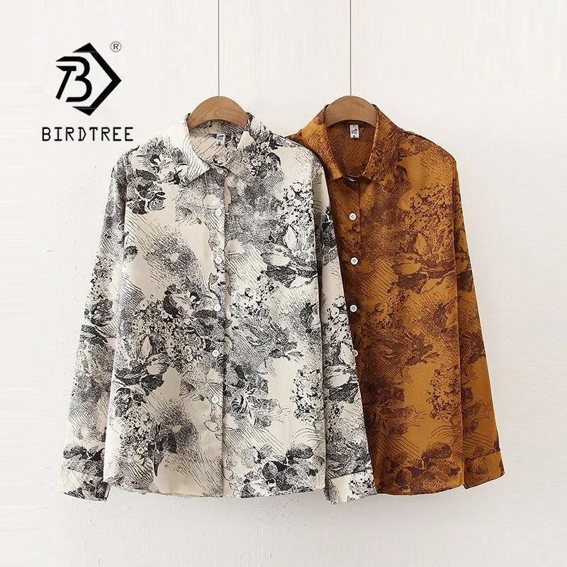 Spring Women Vintage Ink painting Print Chiffon Blouse Full Sleeve Button Up Loose Shirt Autumn Casual BF Style Tops T11612F Sexy Shirt Dress