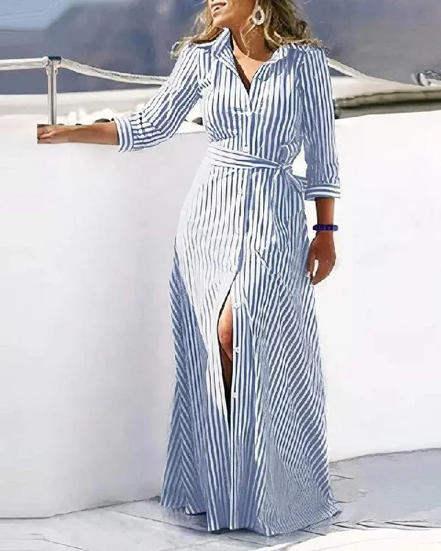 STRIPED BUTTONED TIED DETAIL SHIRT DRESS Mini Shirt Dress